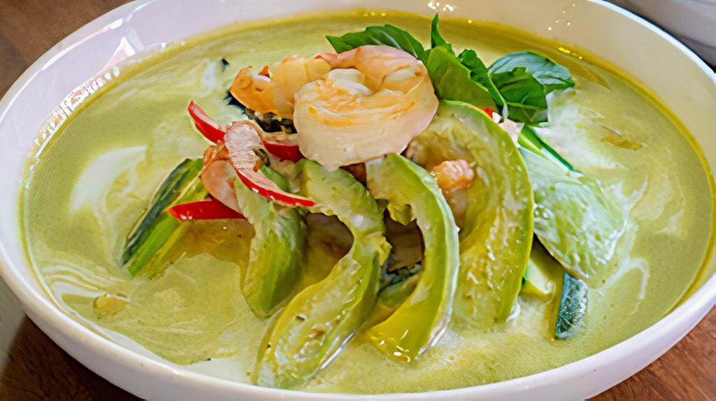 Avocado Green Curry · Medium spicy. Green curry tastes better with fresh avocado, zucchini, bell pepper, and basil.