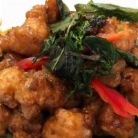 Crispy Basil Chicken · Medium spicy crispy fried chicken breast glazed with basil sauce with bell pepper, onion, ca...