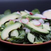 Ensalada Fresca · Gluten-free. Lettuce, avocado, jicama, radish, roasted pumpkin seeds, cilantro lime dressing.