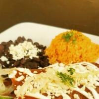 Enchiladas Plate · Gluten-free. Tinga, red or green sauce, sour cream, fresco cheese.
