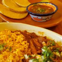 Birria Plate · Traditional beef stew served with rice,fresh made corn tortillas and salsa dorada.