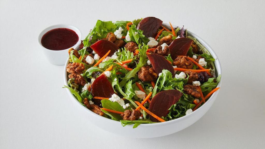 Sweet Beet Salad · Arcadian lettuce, beets, Gorgonzola, honey maple walnuts, shredded carrots, blueberry pomegranate vinaigrette.  560 cal. .
