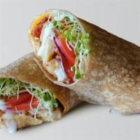 Chicken Wrangler Wrap · Grilled chicken breast, hickory smoked bacon, cheddar cheese, onions, tomato, clover sprouts...