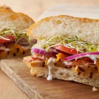 Chicken Durango · Grilled chicken breast, hickory smoked bacon, cheddar cheese, onions, tomato, clover sprouts...