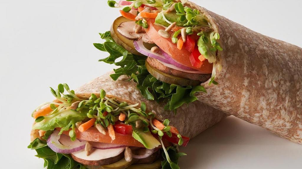 Farmer's Medley Wrap · Avocado, mushrooms, red bell peppers, carrots, sliced pickles, sunflower seeds, lettuce, sweet hot mustard in a wheat wrap.