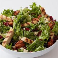 Chicken Gorgonzola Salad · Grilled chicken breast over fresh greens topped with sharp Gorgonzola cheese, Craisins®, hon...