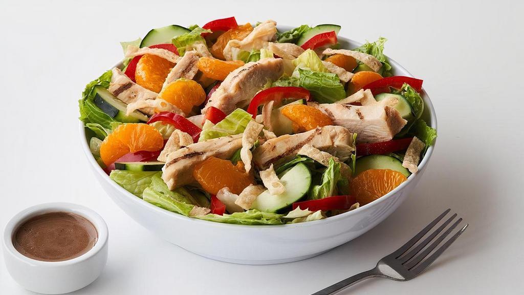 Mandarin Tree Salad · Grilled chicken breast over romaine, red bell pepper, Mandarin oranges, crisp cucumber, topped with wonton strips and Erik's special sesame dressing. . 750 Cal