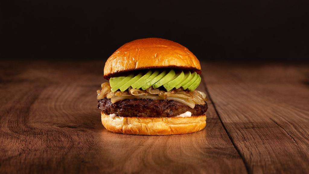 The House Burger · Beef patty, avocado, carmelized onions, and cheddar cheese on a bun.