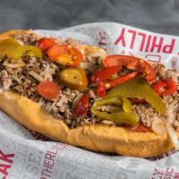 The Hoagie (King) · Includes Lettuce, Tomato and Mayonnaise. (50% More Meat & Cheese) Choice of hot peppers, swe...