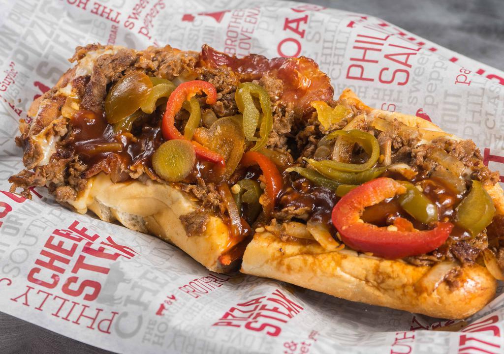 Western (Large) · Includes Bacon, BBQ Sauce, Onion Rings and Provolone. Choice of hot peppers, sweet peppers and/or onions
