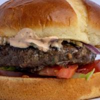 Grecian Beefteki Burger · 1/3 pound beef and lamb patty seasoned to perfection (or falafel) with feta cheese served on...