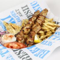 Chicken Souvlaki Plate · Fresh cut chicken, skewered and seasoned with Greek spices, cooked over open flame, served w...