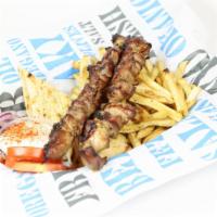 Pork Souvlaki Plate · Fresh cut pork, skewered and seasoned with Greek spices, cooked over open flame, served with...