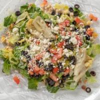 Greek Salad (Large) · Romaine lettuce, tomatoes, olives, feta, pepperoncini, artichokes and croutons.