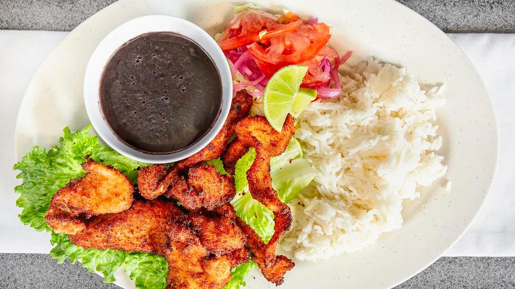 Pollo Empanizado · Breaded chicken. Served with cabbage, tomato, onion, fried beans, rice. 6 freshly handmade tortillas included.