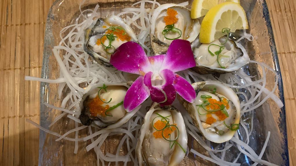 Oysters Appetizer · 6 pieces fresh kusshi oysters in ponzu sauce.