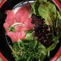 Tekka Don · Bluefin tuna sashimi served with rice and organic mixed green salad.