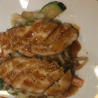 Chicken Teriyaki · Free range chicken (white meat) with fresh seasonal vegetable salad. Served with miso soup a...