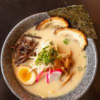 Tonkotsu Ramen · Roasted pork, boiled egg, kikurage mushroom, bamboo shoots, green onion, sprouts, fish cake,...