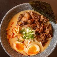Beef Ramen · Grilled beef, green onion, bamboo shoots, sprout, egg, roasted seaweed.