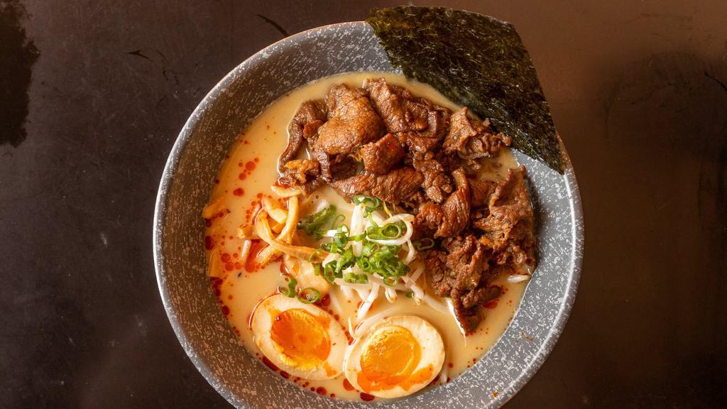 Beef Ramen · Grilled beef, green onion, bamboo shoots, sprout, egg, roasted seaweed.