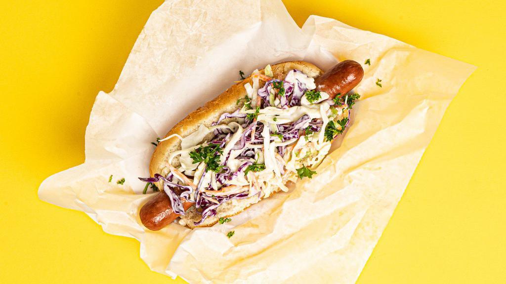 Southern Dog · Hot dog topped with coleslaw and served on a fluffy bun.