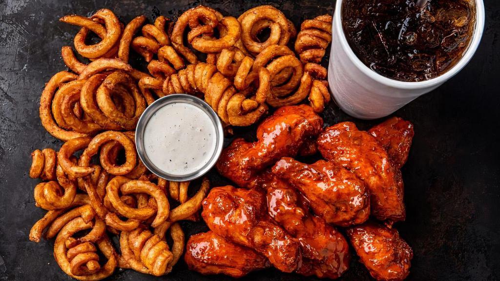 8 Smoked Bone-In Wings Combo · 8 bone-in wings smoked in-house over pecan wood then tossed with your choice of flavor. Served with curly fries, a side of ranch & a drink.