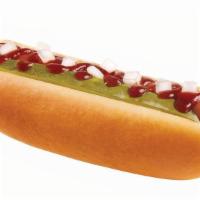 Barbeque Veggie Dog · A Veggie Dog in a fresh, steamed bun topped with BBQ sauce, a pickle and chopped onions..