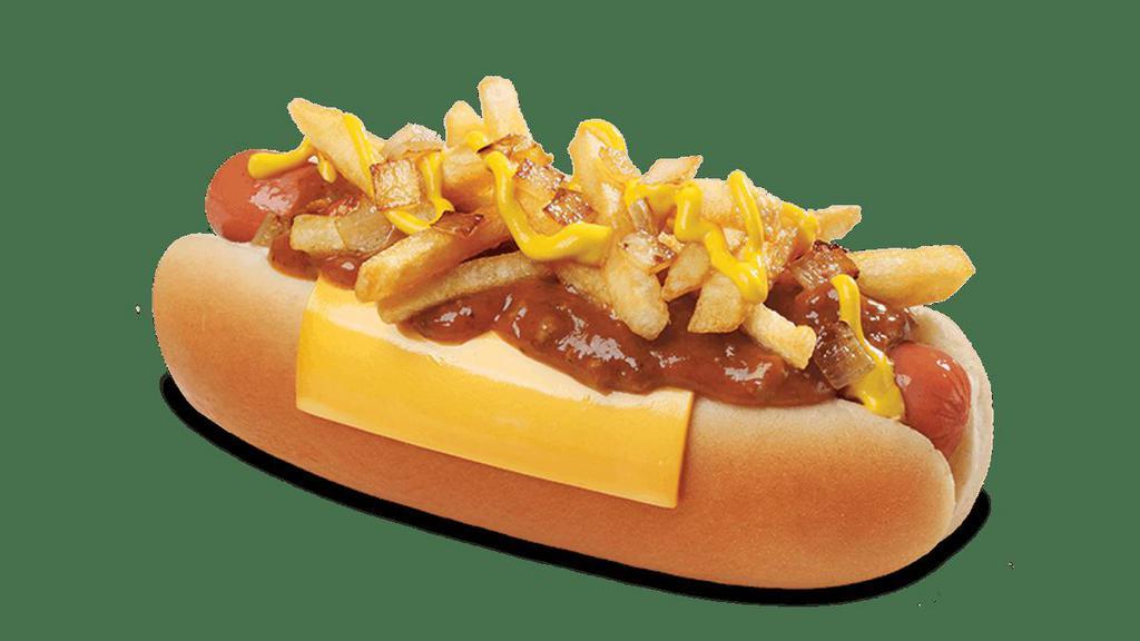 Junkyard Dog · Everything but the kitchen sink is served on this favorite! A delicious hot dog in a fresh, steamed bun topped with French Fries, Wienerschnitzel's secret recipe Chili Sauce, a slice of American cheese, yellow mustard and grilled onions.