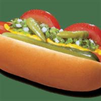 Chicago Dog · A delicous hot dog in a fresh, steamed bun topped with tomato, chopped onions, pickle spear,...