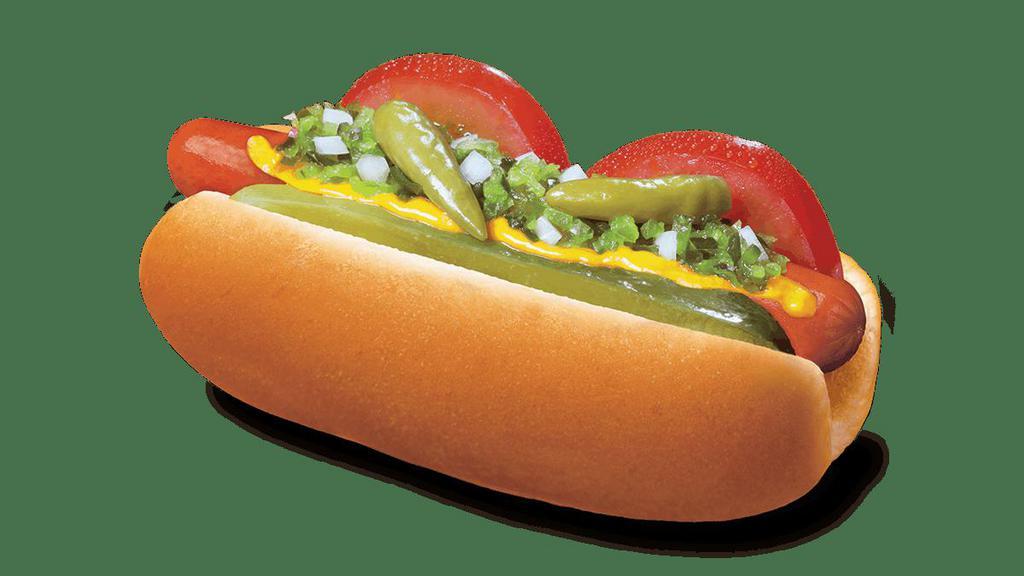 Chicago Dog · A delicous hot dog in a fresh, steamed bun topped with tomato, chopped onions, pickle spear, relish, sport peppers, yellow mustard and sprinkled with celery salt just like in Chicago!