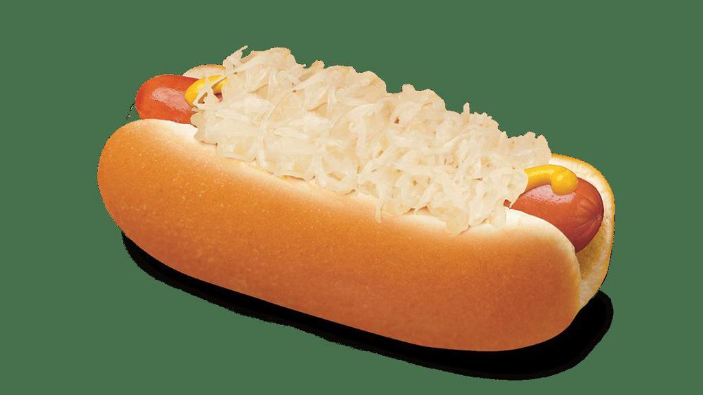 Kraut Dog · A delicious hot dog in a fresh, steamed bun topped with tangy kraut and yellow mustard.