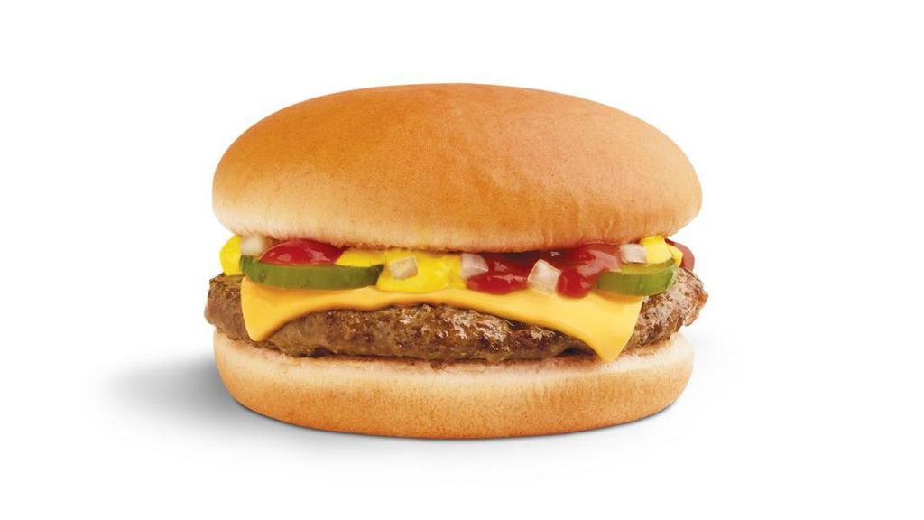 Cheeseburger · A juicy 100% USDA all-beef hamburger patty grilled to perfection topped with a slice of American cheese, mustard, ketchup, pickles and grilled onions served on a toasted bun.