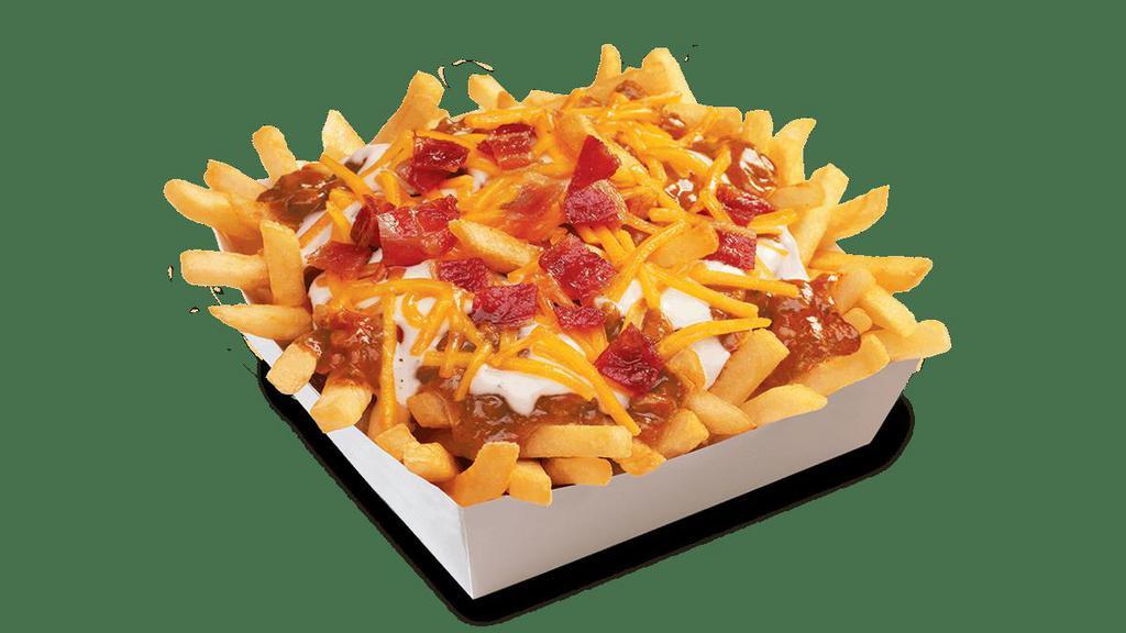 Bacon Ranch Chili Cheese Fries · Golden brown French Fries topped with Wienerschnitzel's world famous Chili Sauce made from a secret recipe, shredded cheddar, chopped bacon and ranch dressing.