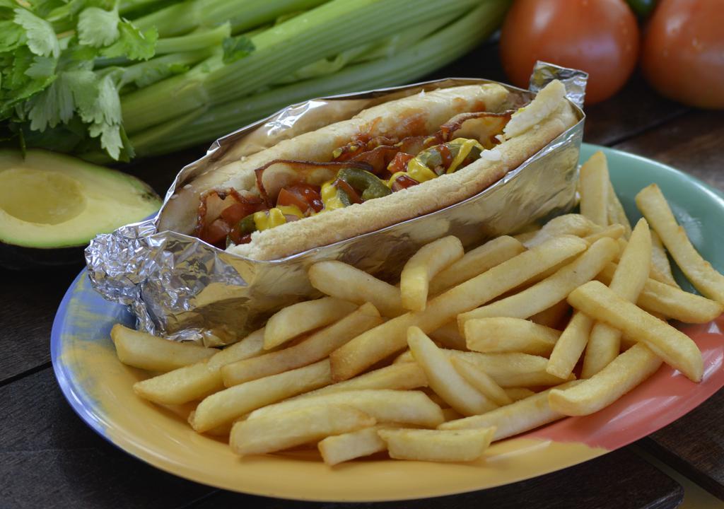 Hot Dog with Fries · Mayonnaise, ketchup, mustard, tomato, onion, jalapeños, and french fries.