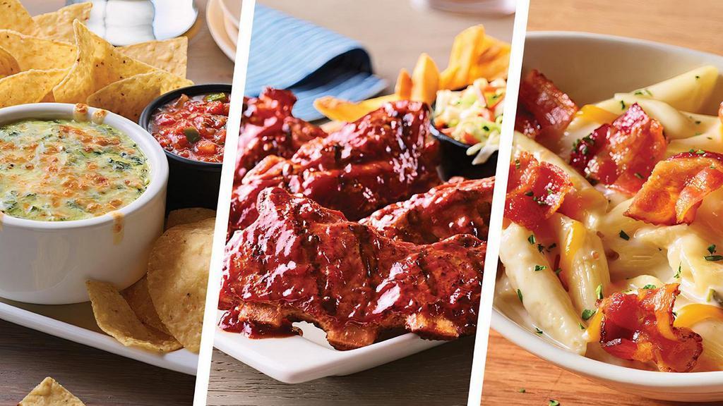 Riblets Family Bundle ¥ - Serves 6 · Includes: . - Spinach & Artichoke Dip. - Applebee's Riblets w/Honey BBQ sauce. - Sides: Caesar Salad, 4-Cheese Mac & Cheese, Fries and Slaw..   . (no substitutions or modifications)