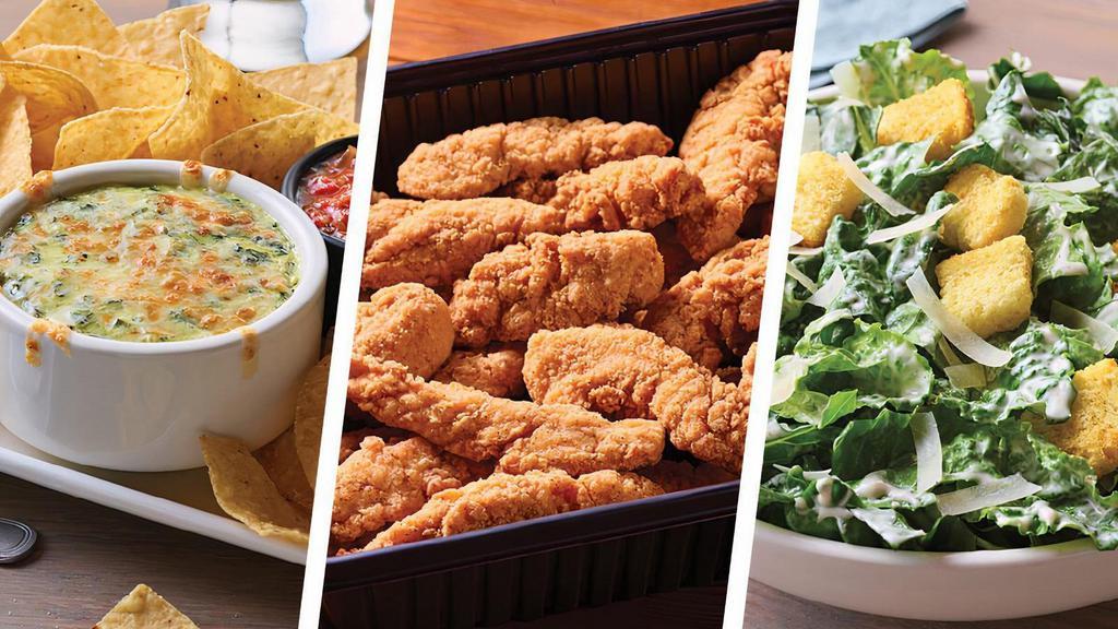 Chicken Tenders Family Bundle - Serves 6 · Includes: . - Spinach & Artichoke Dip. - Chicken Tenders w/Honey Mustard. - Sides: Caesar Salad and 4-Cheese Mac & Cheese.   . (no substitutions or modifications)