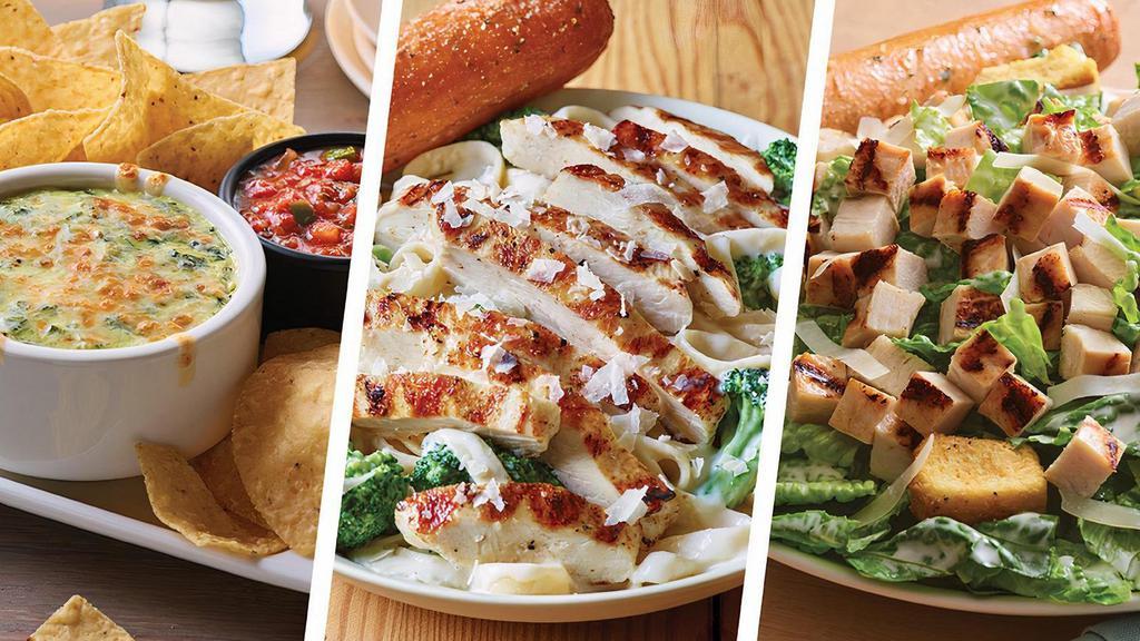 Classic Broccoli Chicken Alfredo Family Bundle - Serves 6 · Includes: .   - Spinach & Artichoke Dip.   - Grilled Chicken Caesar Salad.   - Classic Broccoli Chicken Alfredo.   - Breadsticks.   .   (no substitutions or modifications)