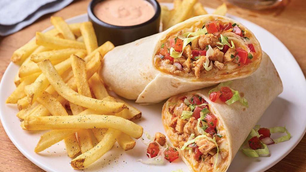 Chicken Fajita Rollup · Juicy chipotle chicken with crisp lettuce, a blend of Cheddar cheeses and house-made pico de gallo wrapped in a tortilla with our Mexi-ranch dipping sauce.   Served with classic fries.