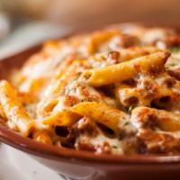 Baked Penne Bolognese · Crumbled beef and sausage, mushrooms, tomatoes and mozzarella.