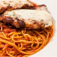 Chicken Parmesan · With mozzarella on top, served with sauteed spinach and spaghetti with marinara.