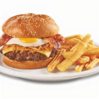 Slamburger™ · Hash browns, an egg*, bacon and American cheese on a brioche bun. Served with wavy-cut fries