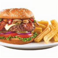 Bourbon Bacon Burger · Aged white cheddar cheese, bacon, sautéed mushrooms, fire-roasted bell peppers & onions, bou...