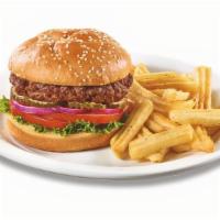 Build Your Own Burger · Lettuce, tomato, red onions and pickles included. Served with wavy-cut fries or seasonal fru...
