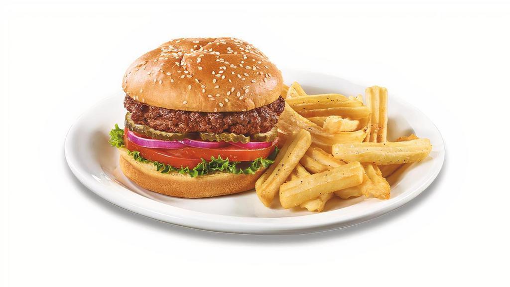 Build Your Own Burger · Lettuce, tomato, red onions, pickles and a brioche bun included. Served with wavy-cut fries..
