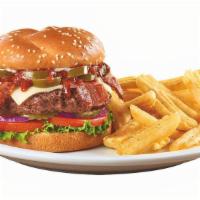 Flamin' 5-Pepper Burger · Aged white cheddar cheese, bacon, jalapenos, 5-pepper sauce, mayo, lettuce, tomato, red onio...