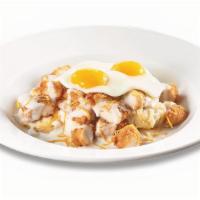 Chicken Biscuit & Gravy Bowl · Two open-faced biscuits topped with premium golden-fried chicken tenders, country gravy, che...
