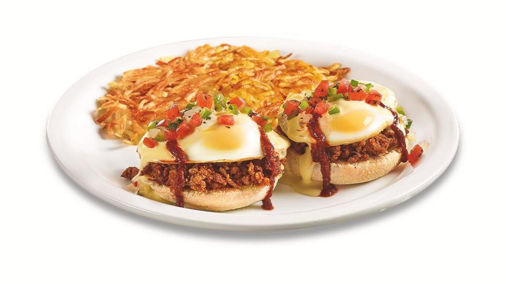 Southwestern Benny Breakfast  · Toasted English muffin topped with chorizo, over-medium eggs* and Hollandaise sauce then drizzled with five pepper sauce and topped with pico de gallo. Served with hash browns.