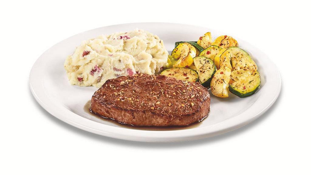 Sirloin Steak  · A USDA choice cut, 8 oz. seasoned sirloin steak.* Served with two sides and dinner bread..