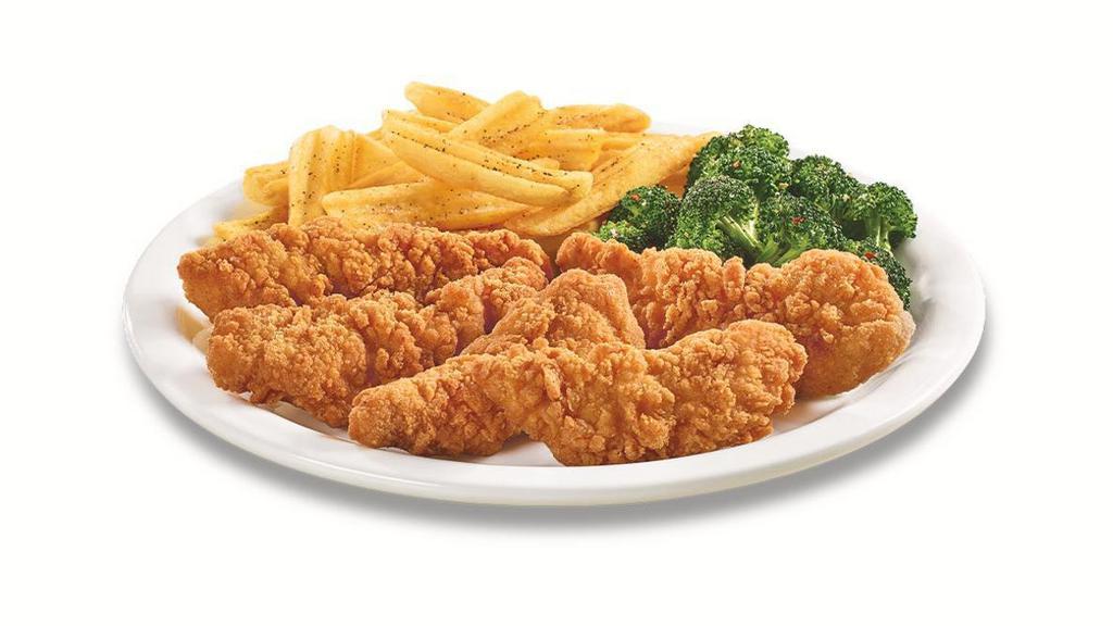  Premium Chicken Tenders Dinner · A new larger portion of five premium golden-fried chicken tenders with choice of dipping sauce. Served with two sides and dinner bread.
